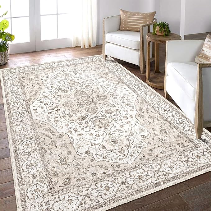 5'x7' Machine Washable Abstract Design Area Rug Machine Washable Area Rugs 5X7, Non Slip, Stain Resistant, Home Decor Living Room Area Rugs 5x7 (Beige Cream 5x7)…