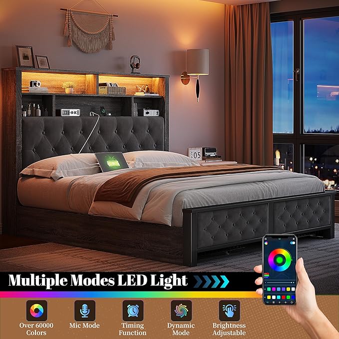 EnHomee Full Size Bed Frame with 4 Storage Drawers and Headboard Upholstered,Wooden Full Bed Frame with Charging Station and LED Light,NO Noise,No Box Spring Needed,Gray