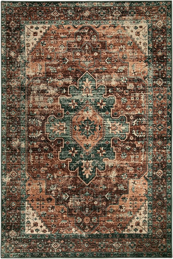 Moynesa Ultra-Thin Washable Vintage Area Rug - 4x6 Living Room Rug for Bedroom Office, Non-Shed Non Slip Oriental Laundry Bathroom Mat Indoor Accent Floor Carpet for Entrance Kitchen Mudroom