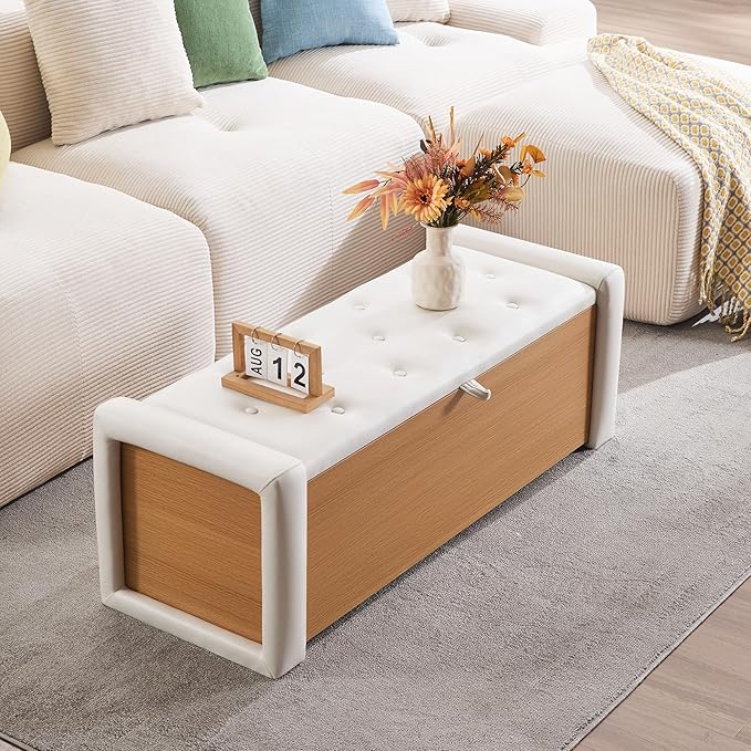 48" Large Storage Ottoman Bench, Faux Leather Upholstered Bed Bench with Button Tufted, End of Bed Ottoman with Safety Hinge for Bedroom, Living Room, Window，or Entryway, Beige Shoe Storage Chest