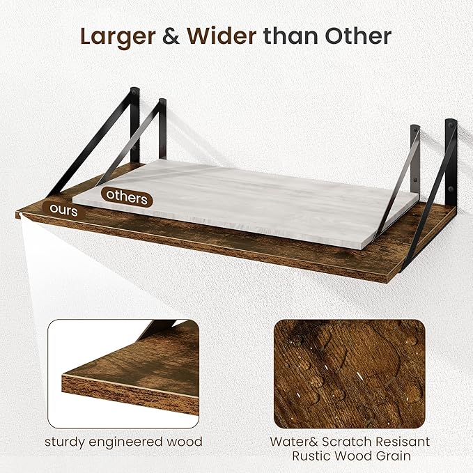 Fun Memories Floating Shelves for Wall, 12 Inch Deep Floating Shelves Set of 2, 55W x 12D Large Wall Shelf with Sturdy Metal Brackets for Living Room, Bathroom, Bedroom and Kitchen, Rustic Brown