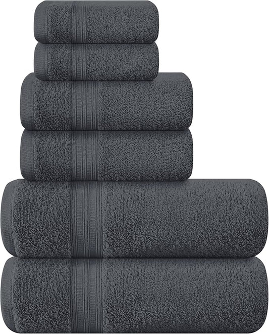 BOUTIQUO 6 Pack Cotton Towel Set, Contains 2 Bath Towels 27x54 inch, 2 Hand Towels 16x24 inch & 2 Wash Coths 12x12 inch, Ideal Everyday use, Ultra Soft Compact & Lightweight - Charcoal Grey