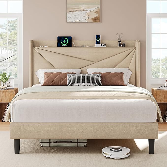 iPormis Queen Size Bed Frame with Charging Station, Linen Platform Bed Frame with Wingback Upholstered Headboard, Solid Wood Slats Support, No Box Spring Needed, Easy Assembly, Beige