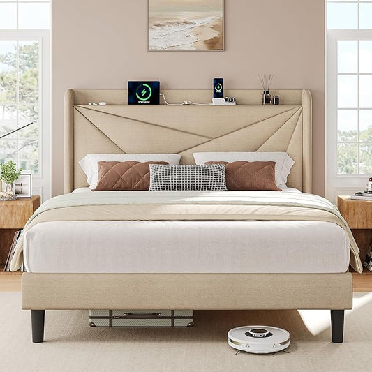 iPormis Queen Size Bed Frame with Charging Station, Linen Platform Bed Frame with Wingback Upholstered Headboard, Solid Wood Slats Support, No Box Spring Needed, Easy Assembly, Beige
