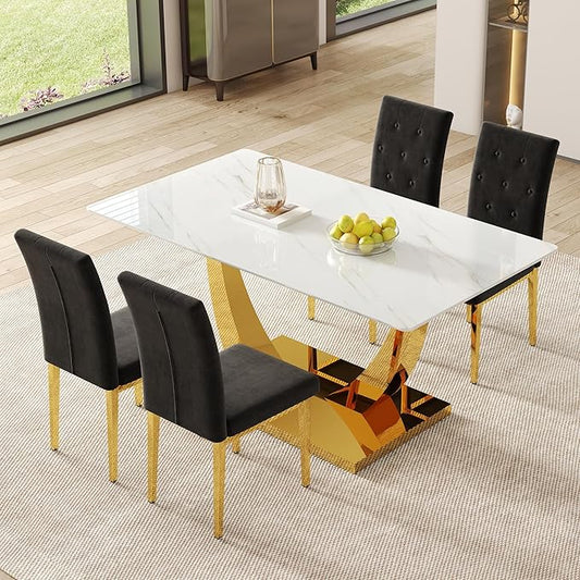 AZmac 63" Modern Dining Table Set for 4, White Dining Room Set for 4, Tempered Glass Kitchen Table and Velvet Chairs, Marble Pattern Top with Sturdy Gold Chrome Base