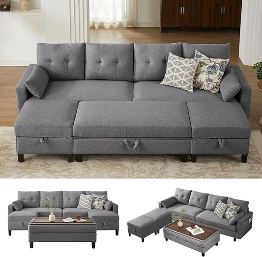 101" Convertible Sectional Sofa with Ottoman Coffee Table, Modern Linen Fabric U-Shaped Couch with Storage Pocket, 4 Seat Sofa Couches for Living Room, Apartment, Office, LightGrey