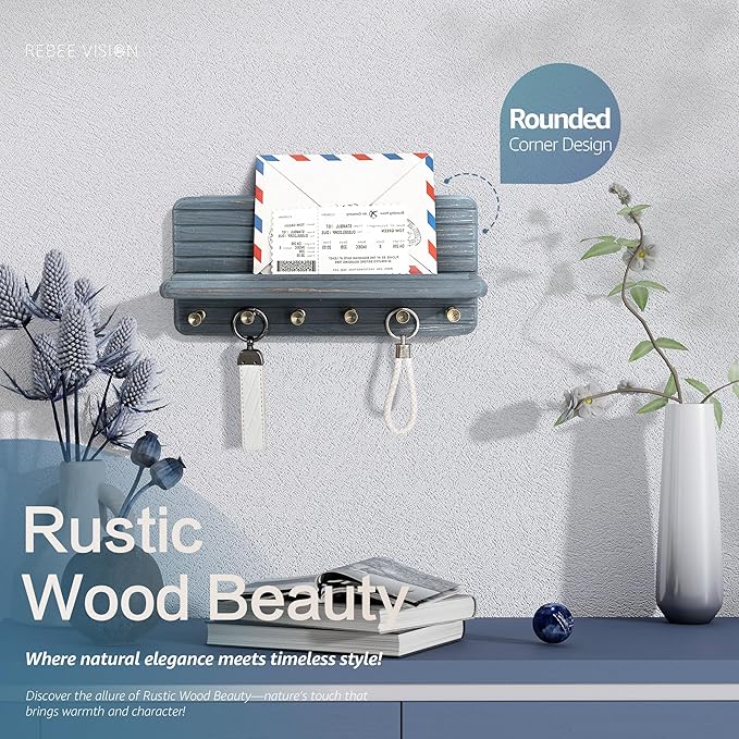 Rebee Vision Pine Wood Key Holder Wall Mount for Home Organization Accent – Wooden Key Holder for Wall with 6 Hooks & Floating Shelf - Elegant Room Decor Aesthetic (Royal Blue)