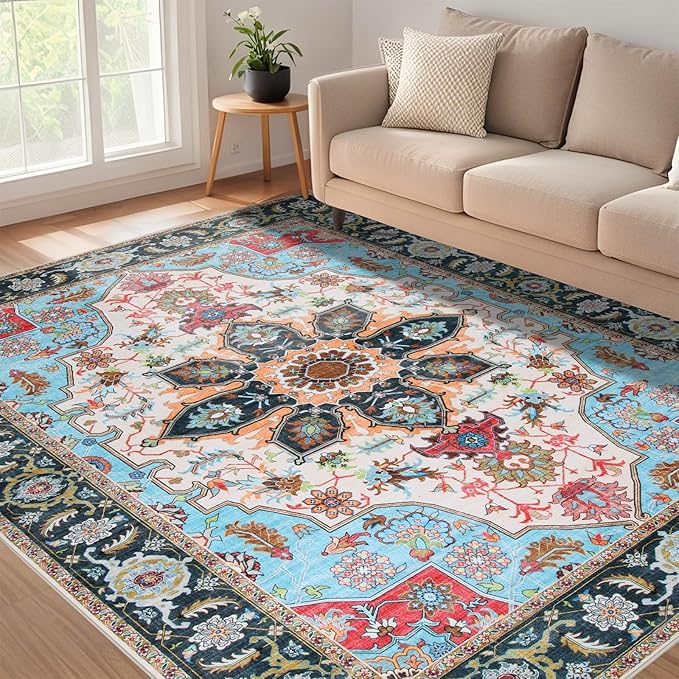 WILLSUN Washable Area Rugs, 5x7 Non-Slip Boho Large Area Rugs for Living Room, Bedroom, Machine Washable Vintage Rug, Indoor Floral Print Carpet for Home Decor, Kid & Pet Friendly Mat