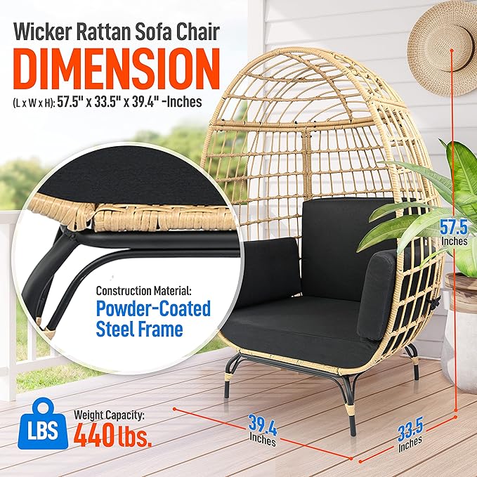 SereneLife Black Wicker Rattan Egg Chair for Indoor and Outdoor Use - Comfy Sofa Chair with 4 Washable Cushions, Durable Powder-Coated Steel Frame, Stylish Ribbed Back, Supports up to 440lbs