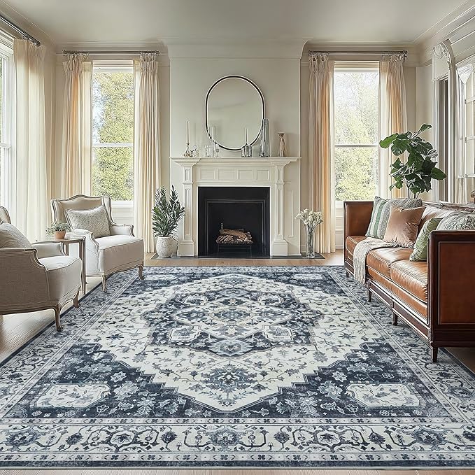 AMADA HOMEFURNISHING 8x10 Area Rug, Washable Low-Profile Large Area Rug with Non-Slip Backing & Durable Edge Binding, Vintage Large Rugs for Living Room, Bedroom