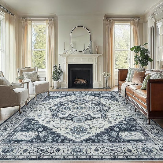 AMADA HOMEFURNISHING 8x10 Area Rug, Washable Low-Profile Large Area Rug with Non-Slip Backing & Durable Edge Binding, Vintage Large Rugs for Living Room, Bedroom