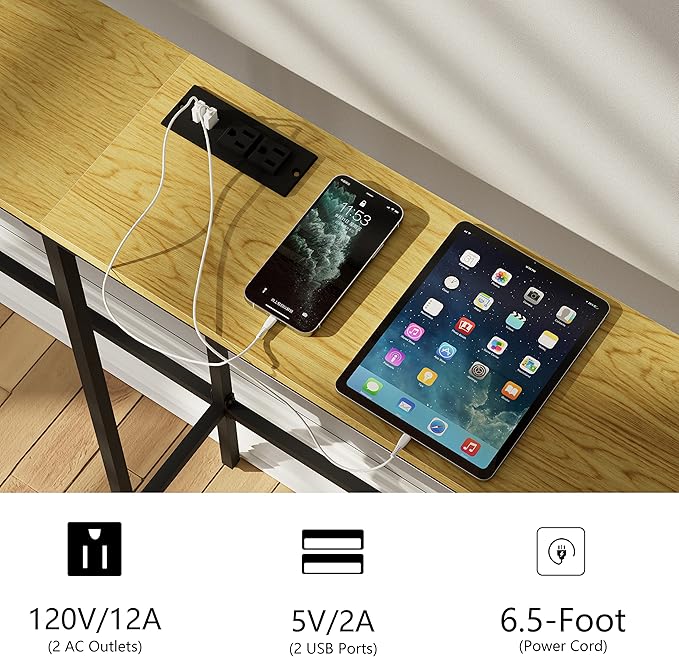 63 Inch Console Table with Power Outlet,Modern Narrow Long Sofa Table Behind Couch,Skinny Entry Table with Black Metal Frame for Entryway,Living Room, Hallway,3D Oak