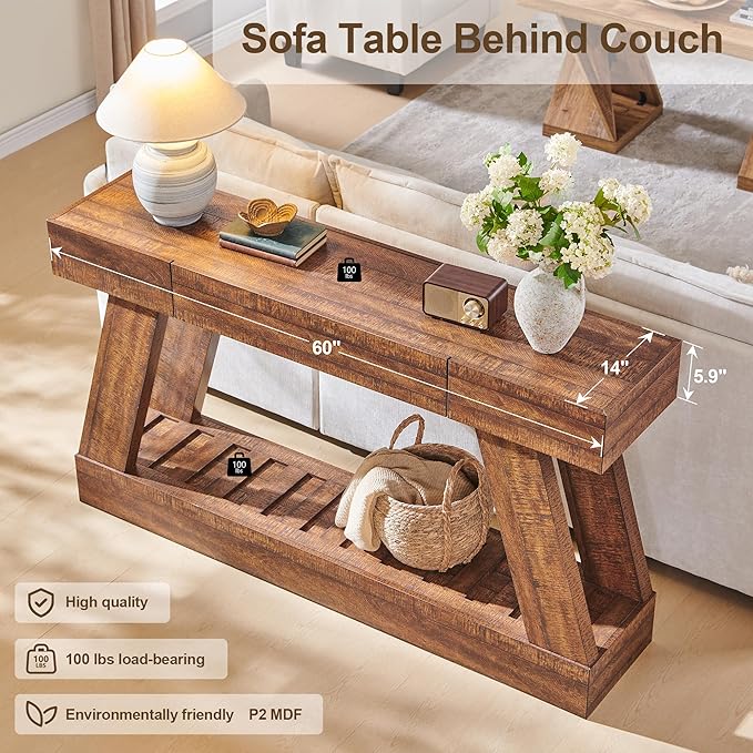 OKD 60" Farmhouse Entryway Table with Drawer, Narrow Long Console Table for Entryway, Console Tables with Storage(Reclaimed Barnwood)