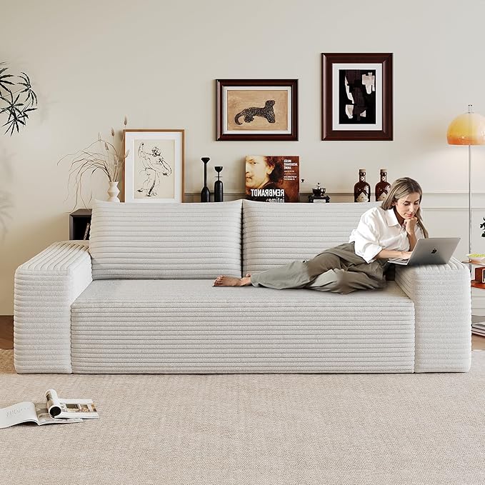 Cloud Loveseat Sofa, Modern Corduroy 2-Seater Couch with Deep Seat, No Assembly Required Memory Foam Sofa, Boneless Sofa in a Box for Bedroom, Apartment, Office,Small Space (White,63in)