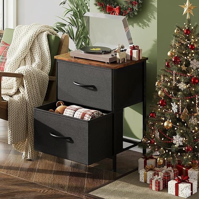 WLIVE Nightstand, 2 Drawer Dresser for Bedroom, Small Dresser with 2 Drawers, Bedside Furniture, Night Stand, End Table with Fabric Bins for Bedroom, Closet, Entryway, Black and Rustic Brown