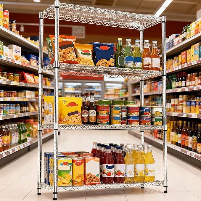 4 Tiers Shelf Metal Storage Shelves 2640 lbs Steel Storage Shelving Utility Shelving Unit Steel Organizer Wire Rack for Home,Kitchen,Office,Garage Chrome 17.7" D x 47.2" W x 70.3" H