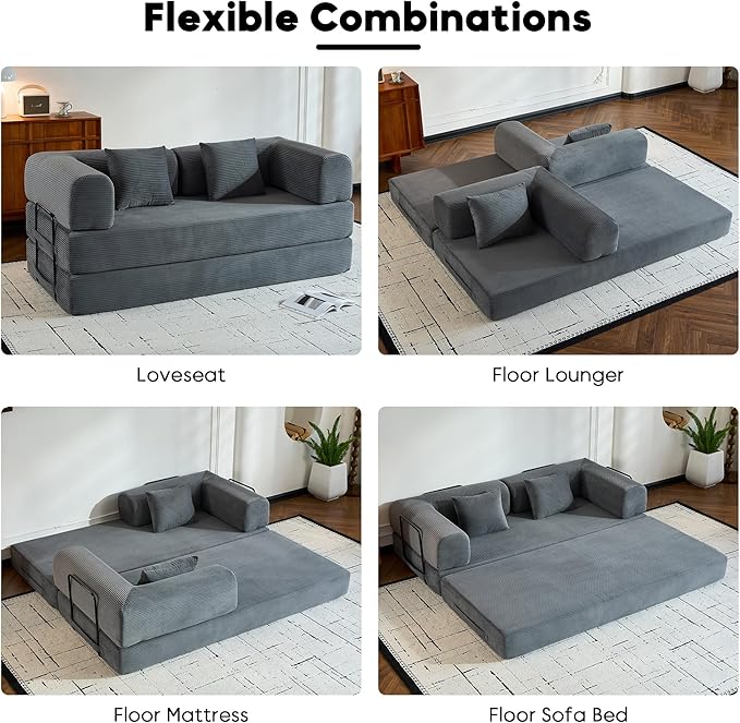 Comfy Convertible Folding Mattress Couch, Floor Sofa Bed with Fixed-Shape Frame, Corduroy Floor Sofa with Armrest, Floor Sofa Lounge Couch for Living Room Bedroom Lounge Studio,Grey