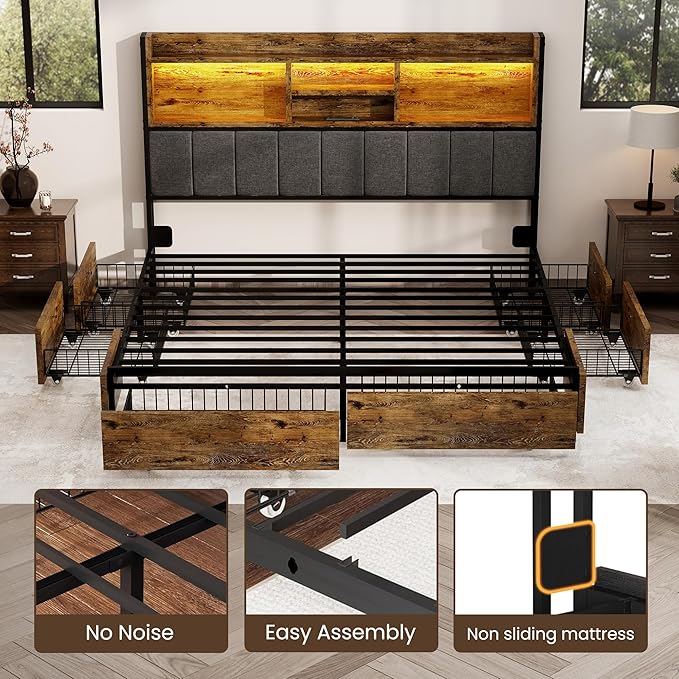 Queen Bed Frame with 6 Storage Drawers, Linen Upholstered Headboard, Built-in USB Charging Station & LED Lighting, Silent Metal Support, No Box Spring Needed, Vintage Brown