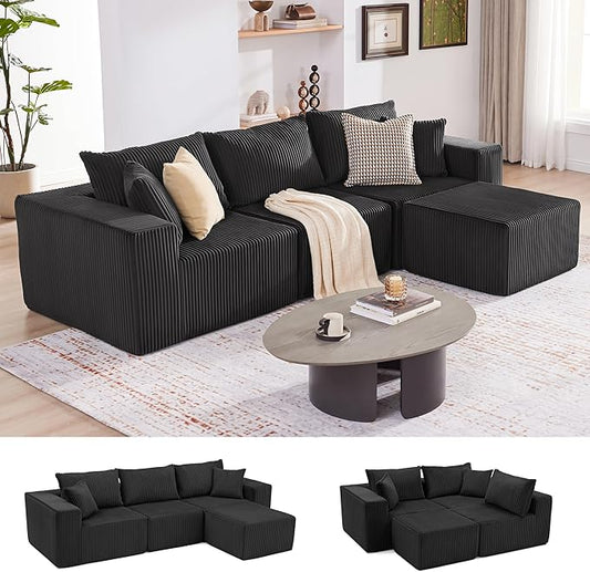 107.4" Cloud Couch Sectional, Modular Sofa with Deep Seat, Plush Corduroy L Shaped Boneless Couch, Convertible Sectional Couches for Living Room, 4Seat, Black
