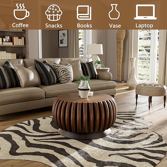 26.37'' Round Drum Coffee Table for Living Room Modern Rustic Farmhouse Wood Circle Coffee Tables with Fluted Pedestal Center Tables Tea Tables for Apartment Office Walnut