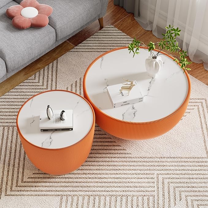 Round Coffee Table Set with Sintered Stone Tabletop, 29.53" Orange Drum Center Table and 19.69" Orange Coffee Table Set, 2 Pieces Living Room Table Set with Fluted PU Leather Cover&Metal Base