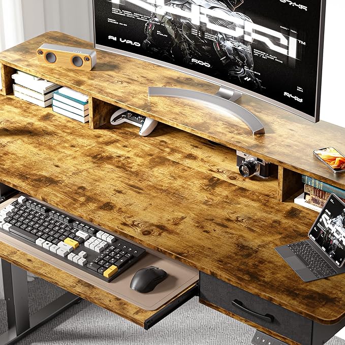 63x24 Inches Electric Standing Desk with Keyboard Tray, Height Adjustable Stand up Desk with 2 Drawers, Ergonomic Sit to Stand Desk with Storage Monitor Stand, Computer Table, Rustic Brown