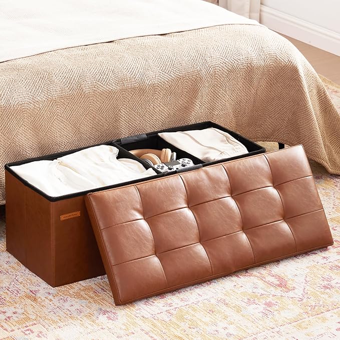 HAUSFRAU 31.5 Inches Ottoman with Storage, Folding Ottoman Bench Small Foot Rest Stool, Bedroom Bench with Flipping Lid, Faux Leather Retro Brown