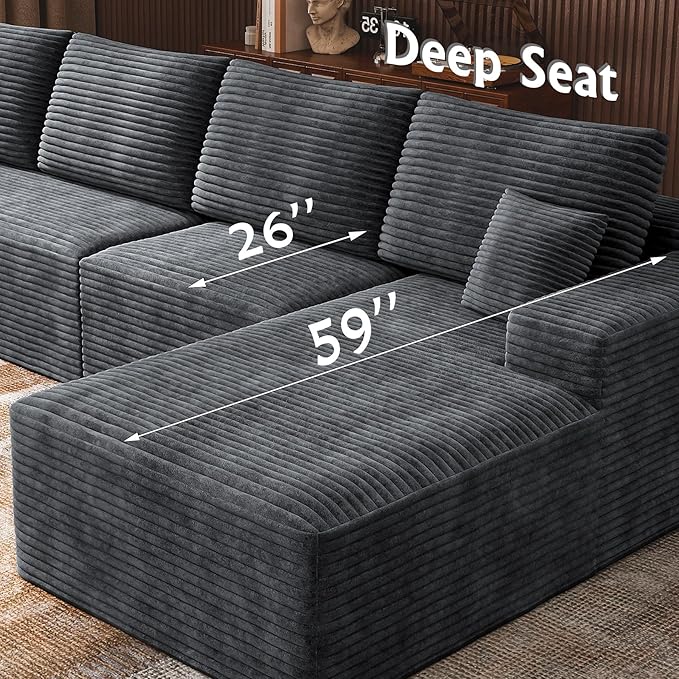 3-Piece Boneless Modular Sectional Sofa, Cloud Couch with Right Facing Chaise, Oversized Deep Seat, Soft Corduroy Fabric, Sectional Couch for Living Room-Grey