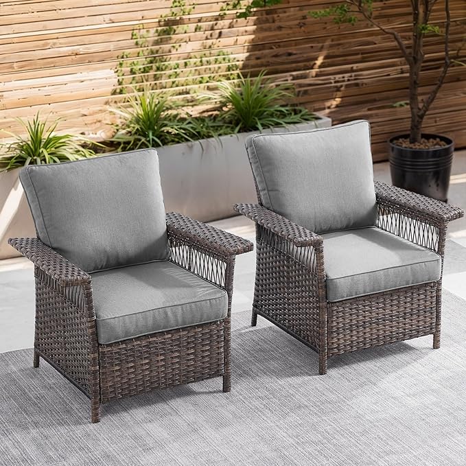 Wicker Outdoor Chairs Set of 2 - Hollow Widen Armrests Patio Furniture Set with Comfortable Thickened Cushion, High Back Outdoor Rattan Chairs for Balcony Porch Deck and Yard - Brown/Gray
