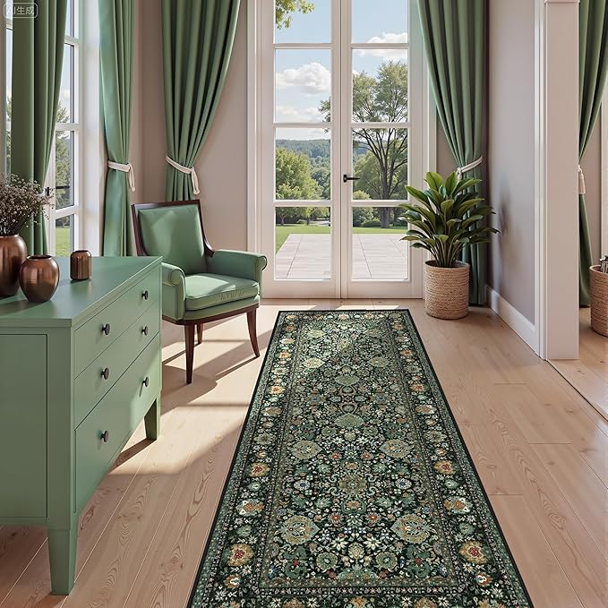 3x7 Runner Rugs for Hallway Non-Slip Hallway Runner Rug with Rubber Backing Washable Rug Runner for Kitchen Bedroom Vintage Distressed Carpet(Vintage Dark Green