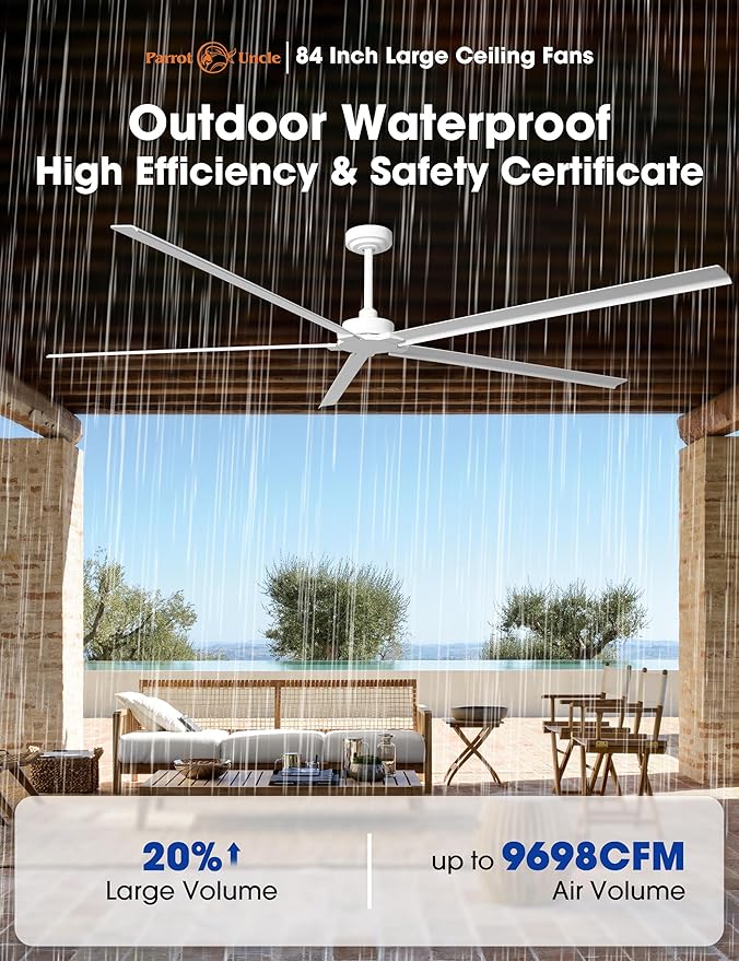 Ceiling Fans Outdoor Waterproof, 84 Inch Industrial Ceiling Fans without Lights, Large White Ceiling Fan No Light with 5 Aluminum Blade, Reverse DC Motor, Outdoor Fans for Patio Shop Garage LivingRoom