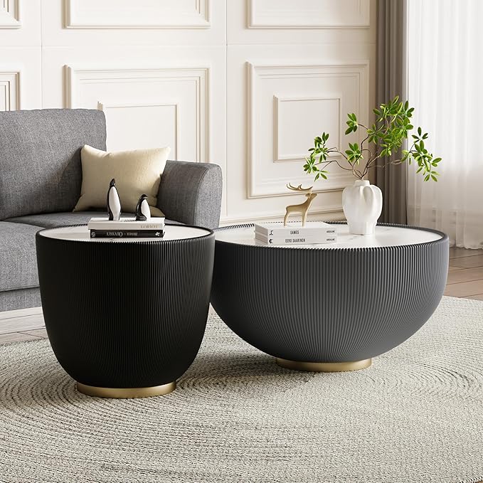 Round Coffee Table Set with Sintered Stone Tabletop, 27.56" Grey Drum Center Table and 19.69" Black Coffee Table Set, 2 Pieces Living Room Table Set with Fluted PU Leather Cover& Metal Base