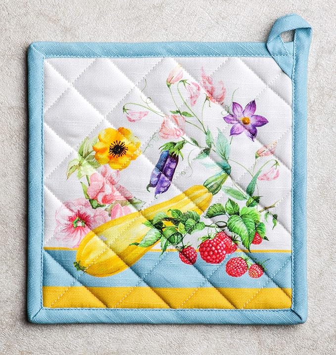 Maison d' Hermine Pot Holders Set 100% Cotton Heat Resistant Potholders 8" x 8" Hot Pads with Loop BBQ, Cooking, Baking, Grilling, Kitchen, Handling Hot Pans Spring/Summer (Pack of 2, Giverny)