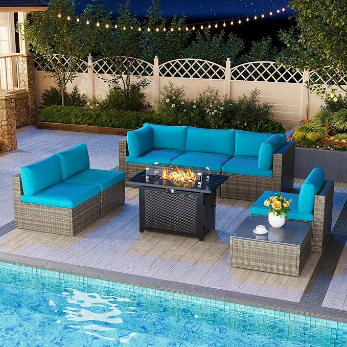 8 Pieces Outdoor Patio Furniture Set with 43" Fire Pit Table, Wicker Outdoor Patio Sectional Sofas with Cushions and Coffee Table, All-Weather Patio Conversation Set for Garden Backyard, Light Blue