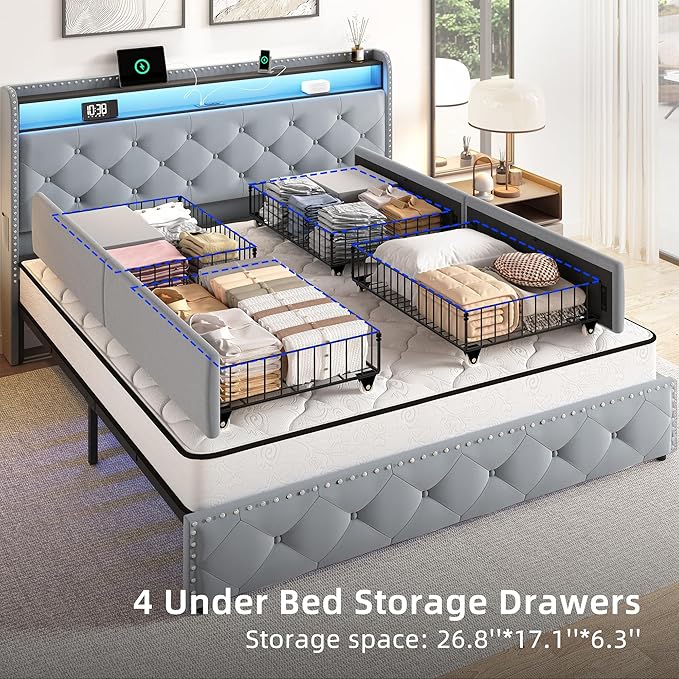 BRELTAM Bed Frame Queen Size with 4 Storage Drawers Upholstered Velvet Bed Frame with LED and Charging Station,Platform Bed Frame with Headboard Heavy Duty Wood Slats,Noise Free,Bluish Grey