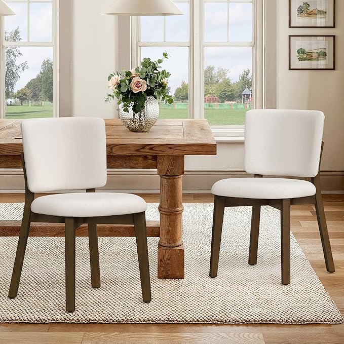 LUE BONA Wooden Dining Chairs Set of 2, Comfortable Wide Back Kitchen Side Chairs, Strong Thick Legs for Modern Farmhouse Dining Room, Beige Upholstered and Dark Brown Leg