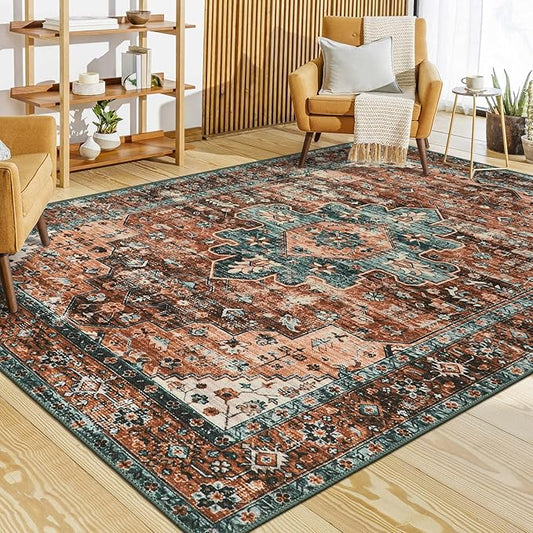Moynesa Ultra-Thin Vintage Area Rug - 6x9 Washable Bedroom Rug Large Living Room Rug Non-Slip Dining Room Mat, Oriental Printed Low Pile Nursery Carpet for Office Kitchen Entryway, Brick Red/Dull Teal
