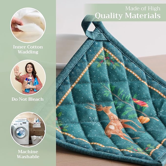 Maison d' Hermine Pot Holders 100% Cotton Heat Resistant Potholders 8" x 8" Hot Pads with Loop for Thanksgiving Christmas Decorations BBQ Cooking Baking Handling Hot Pans (Pack of 1, Hygge Christmas)