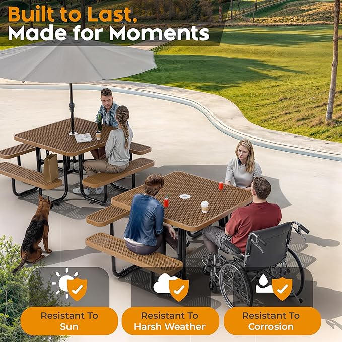 Metal Picnic Tables for Outdoors with Umbrella Hole - Coated Steel Heavy Duty Commercial Grade Furniture with Adjustable Seats (Brown, 46 in, Square, Expanded Steel)