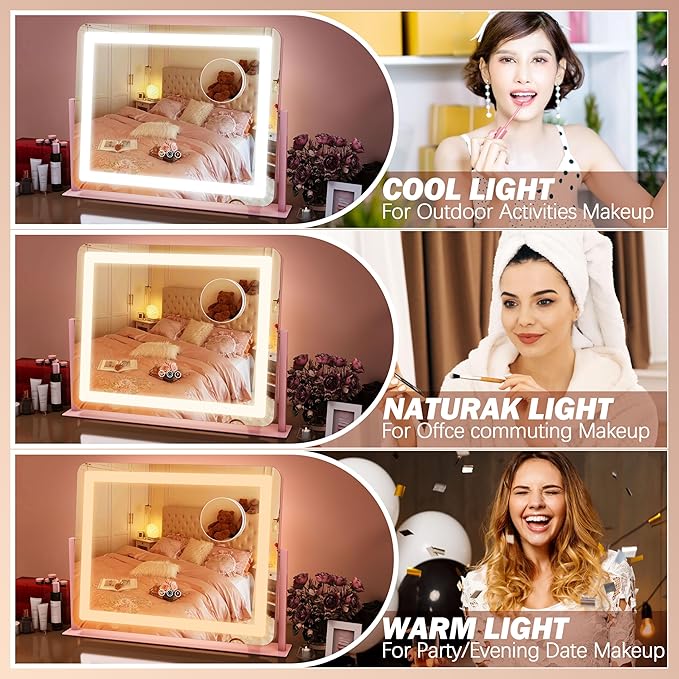 FENNIO Vanity Mirror with Lights 22''x17'' Makeup Mirror,Vanity Mirror Touch Screen with 3-Color Lighting,Dimmable,for Vanity Desk Tabletop（Pink）