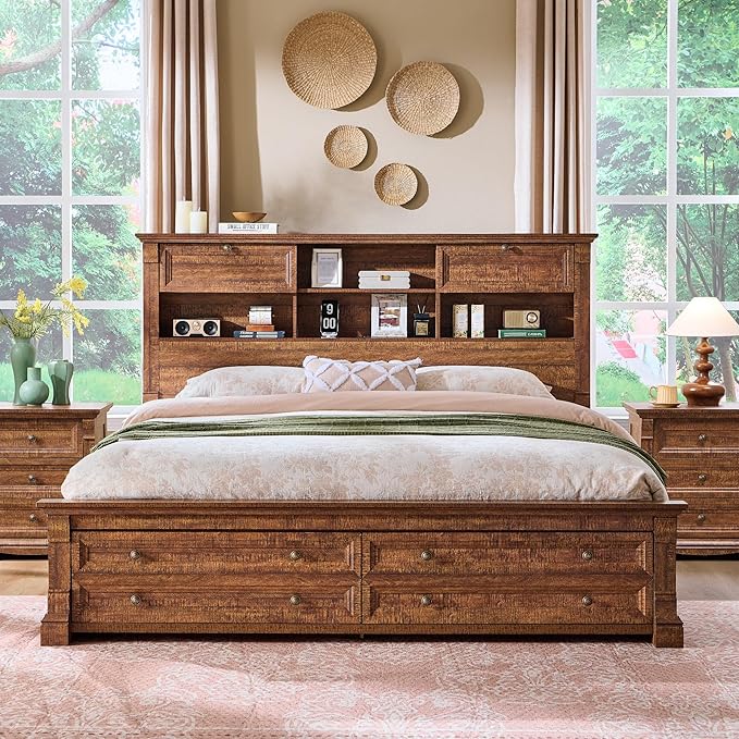 Farmhouse Queen Size Bed Frame with 54" Tall Headboard, Headboard with 4 Storage Rack, 2 Drawers, Wood Platform Bed Frame,18" Roman Column Decoration Footboard,No Box Spring Needed(Reclaimed Barnwood)