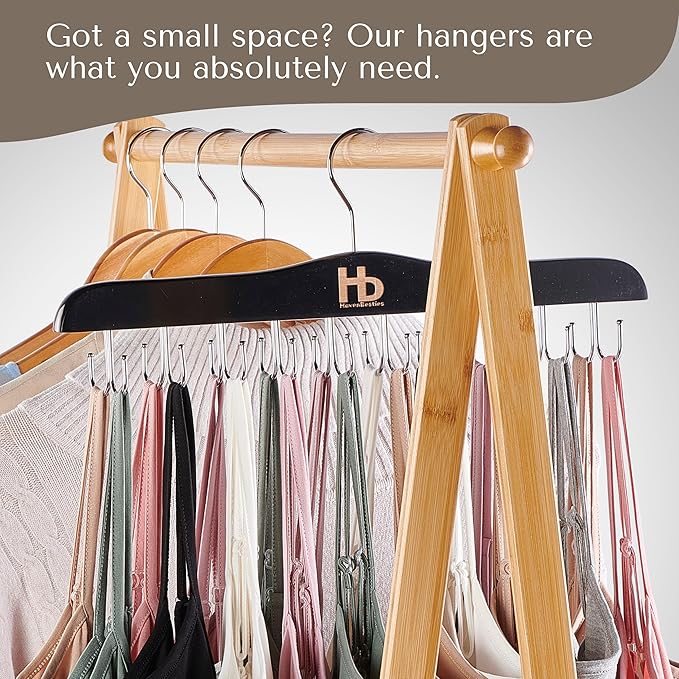 Large Bra Hanger and Bra Organizer for Closet – Tank Top Hanger Space Saving for House, Dorm, Apartment - Foldable Wooden for Closet Organizer– with 20 Hook - Lotus Wood, Black, 1 Pack