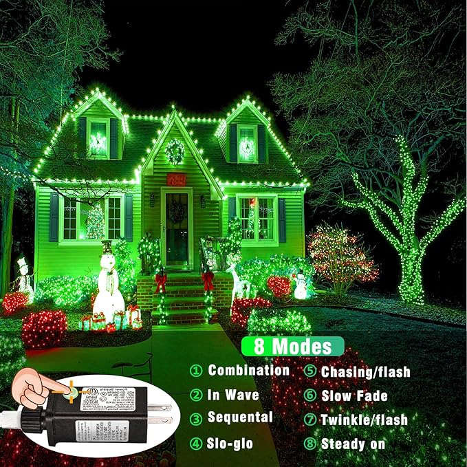 200 LED Green Christmas Lights Connectable 66ft Christmas String Lights Indoor 8 Modes Clear Wire Waterproof Plug in Twinkle Fairy Lights for Holiday Party Xmas Tree Decorations