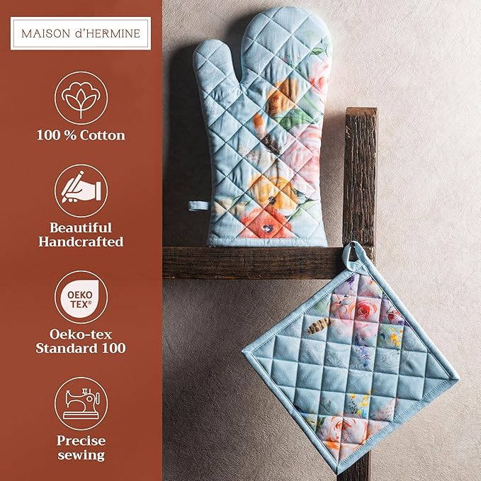 Maison d' Hermine 100% Cotton Oven Mitt & Pot Holder Set (7.5"x13" & 8"x8") Heat Resistant BBQ Cooking Gloves with Loop, Baking, Grilling, Kitchen, Handling Hot Pans Spring/Summer (Ibiza)