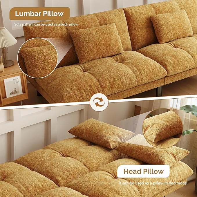 Futon Sofa Bed Convertible 70 inch Solid Wood Couch for Living Room, Chenille Fabric, 2 Cushions (Caramel Orange)