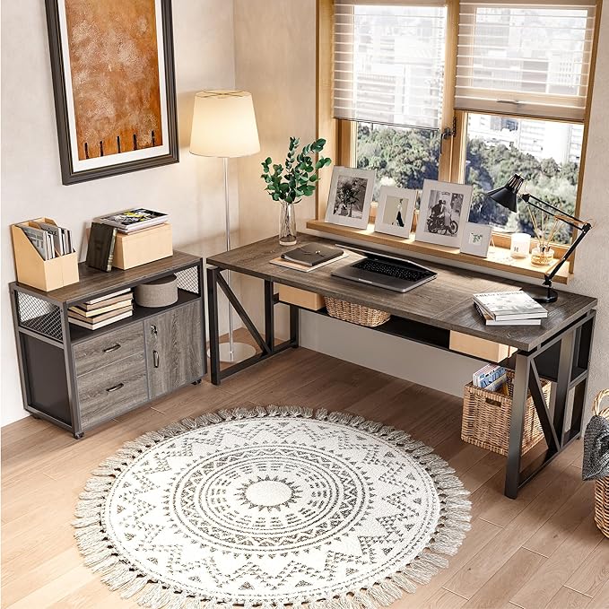 LITTLE TREE 63-Inch Office Desk with 31.5-Inch Lateral File Cabinet, Study Writing Desk Computer Desk for Home Office