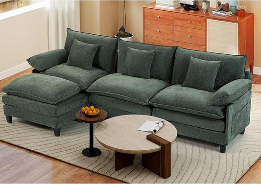 Modular Sectional Sofa, Comfy Cloud Couch with Movable Ottoman, Deep Seat Couches for Living Room, Bedroom and Apartment, 106" L Shaped Modern Sofa with Pillows, Green