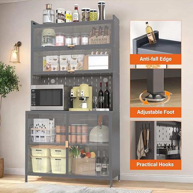 73'' Tall Kitchen Pantry Cabinet, 6 Level Flip Door with Pegboard Metal Pantry Storage Cabinet, Anti-Tip Design Hutch for Kitchen, Dining Room, Living Room,Grey