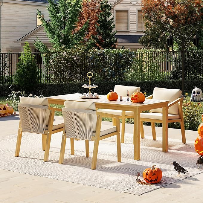 Wisteria Lane 5 Pieces Acacia Patio Dining Set for 4, Patio Dining Table and Chairs Set with Cushion, Modern Outdoor Dining Furniture Set for Lawn Backyard Garden Deck, Beige