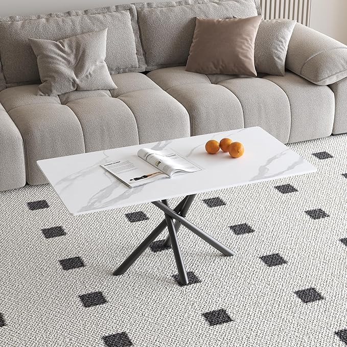 White Marble Coffee Table,Rectangle Modern Table with Sintered Stone Top and Black Metal Legs, 40 Inch Center Table for Living Room Apartment